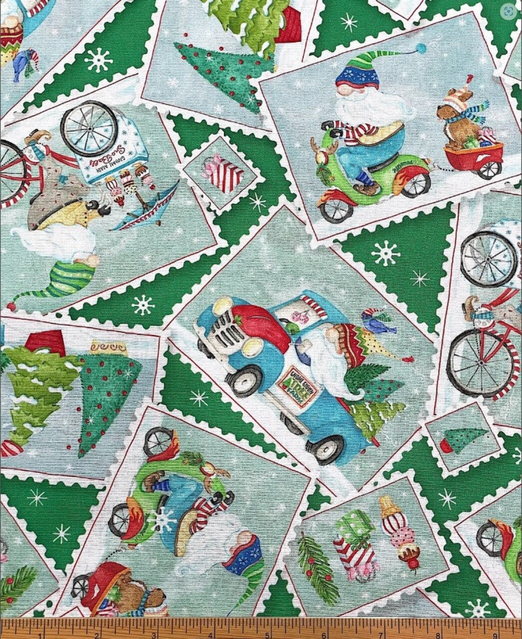 P & B Textiles Christmas Gnomes Postcard Toss on Green 100% Cotton Fabric Price per Yard